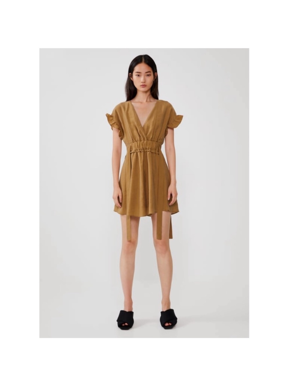 Zara side bow Ruffle Sleeve Mini Dress sz XS tie waist